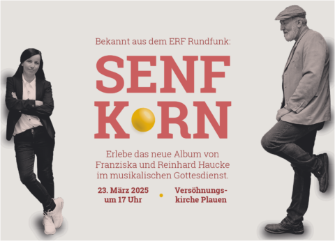 Das Bild zeigt eine Einladung zu einem musikalischen Gottesdienst mit den Musikerehepaar Haucke am 23 März 2025 um 17 Uhr.